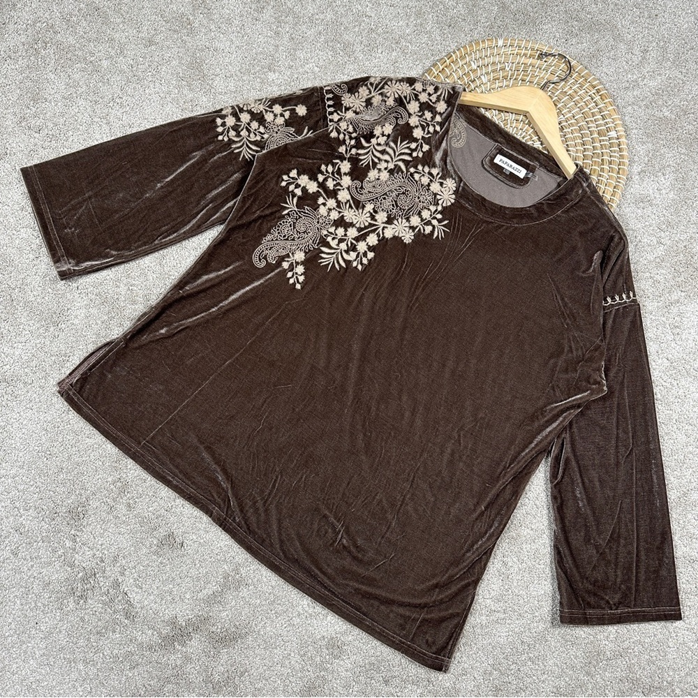 Paparazzi Embroidered Velvet Western Blouse Tunic Top Boho Whimsigoth in Brown L - Picture 4 of 13